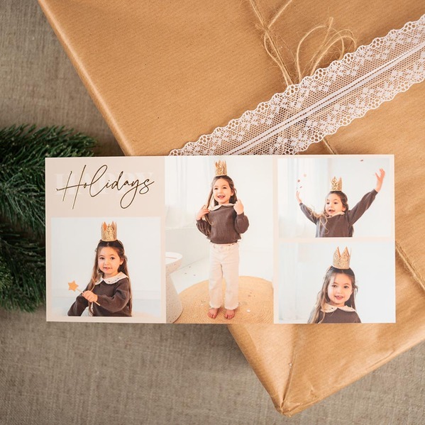 Liggende kerstkaart met foto's en goudfolie kerstwens TA1188-2600009-03-100