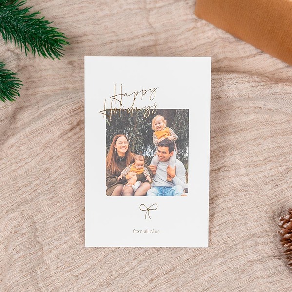 Staande kerstkaart 'Happy Holidays' met foto, strikje en goudfolie TA1188-2600035-03-100