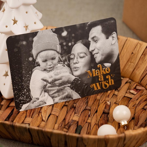 Liggende kerstkaart met goudfolie 'make a wish' en foto TA1188-2600036-03-100