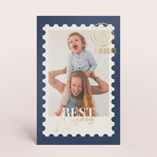 Blauwe kerstkaart met postzegeldesign, foto en goudfolie TA1188-2600084-03-0