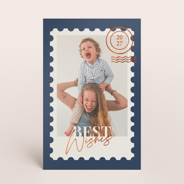 Blauwe kerstkaart met postzegeldesign, foto en goudfolie TA1188-2600084-03-0