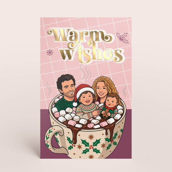 Kerstkaart warm wishes met grappige AI-illustratie van familie in kopje TA1188-2600093-03-0