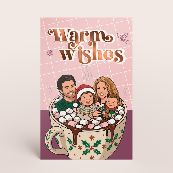 Kerstkaart warm wishes met grappige AI-illustratie van familie in kopje TA1188-2600093-03-0