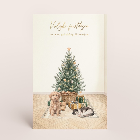 Kerstkaart met AI-illustratie van je huisdieren onder de kerstboom en goudfolie TA1188-2600106-03-0