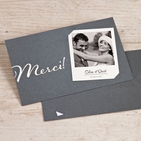 Carte remerciement mariage  gris argent avec photo instantanée
