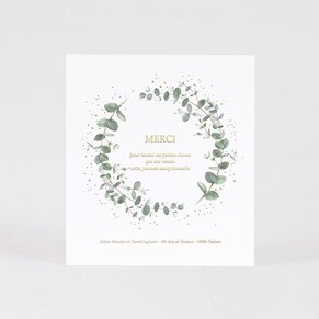 Carte de remerciements mariage couronne eucalyptus et dorure