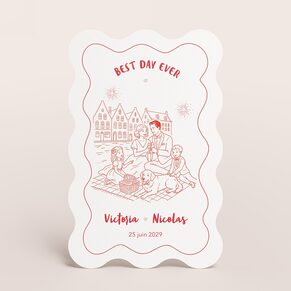 Carte remerciement mariage bords ondulés et illustrations humoristiques