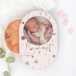 ovaal geboorte bedankkaartje met foto goudfolie en bloemetjes TA0517-2300031-03 1