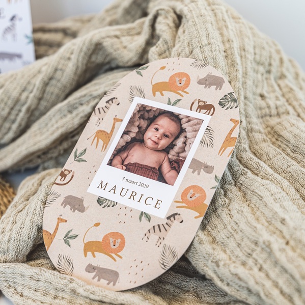 ovaal geboortekaartje ecolook met jungledieren en foto TA05500-2300025-03 3