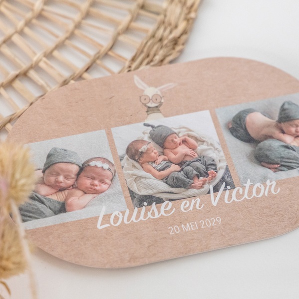 ovaal tweeling geboortekaartje ecolook met foto s en konijn TA05500-2300042-03 3