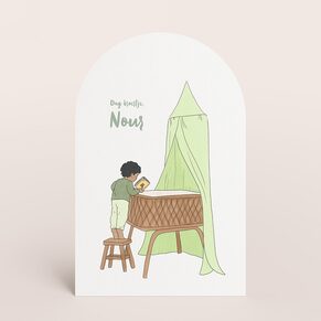 Originele geboortekaart met AI-illustratie van broertje bij wieg