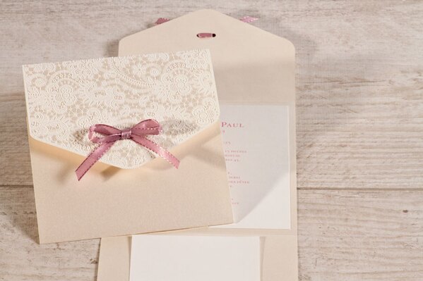 faire part mariage pochette tissu dentelle et ruban rose buromac 108115 TA108-115-02 1
