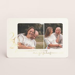 Weihnachtskarte mit Familienfotos, Weihnachtsgruß in Goldfolie und Jahreszahl