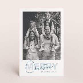 Staande kerstkaart met zwart-wit foto en 'Merry Christmas'