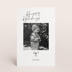 Zwart-witte kerstkaart met foto, strikje en quote op extra dik papier