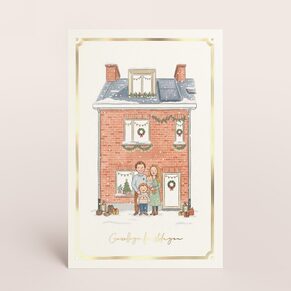 Kerstkaart met persoonlijke AI-illustratie van huis en gezin