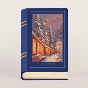 Kerstkaart boekdesign met magisch sneeuwlandschap en trein