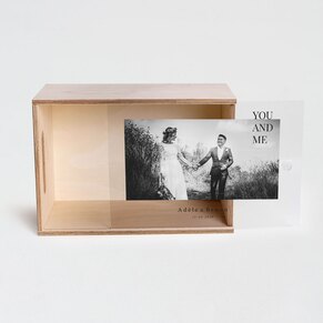 Boîte en bois photo et message sur couvercle plexi