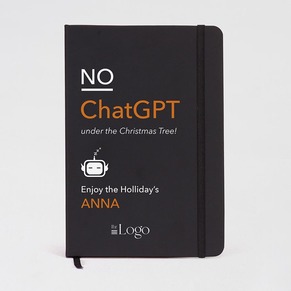 Notizbuch mit lustigem Zitat und Firmenlogo