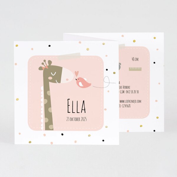 vrolijk roze geboortekaartje met giraf en confetti buromac 507044 TA507-044-03 1