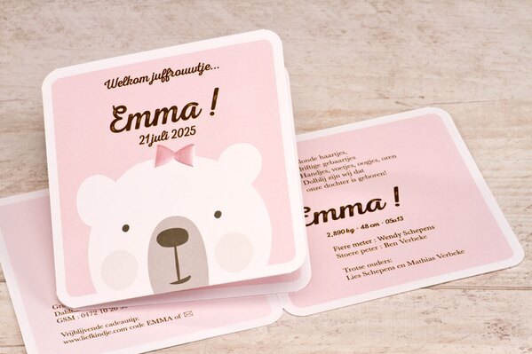 tof geboortekaartje met beer en strik in roze reliefdruk buromac 589037 TA589-037-03 1