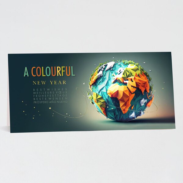 kleurrijke nieuwjaarskaart zakelijk met hoogglans wereldbol en goudfolie TA843-041-03 1